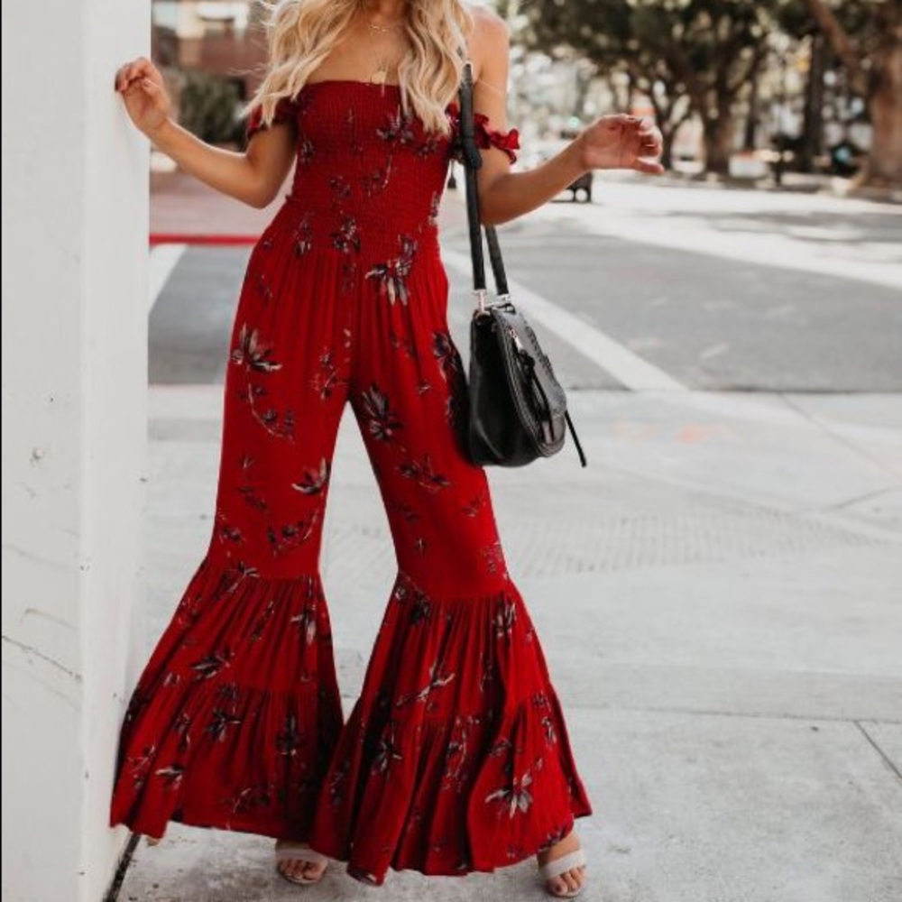 Vici MON AMI SMOCKED BELL BOTTOM JUMPSUIT